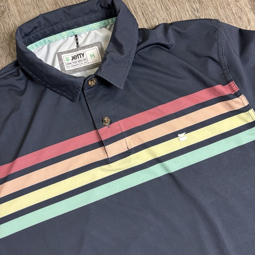Jetty Bunker Golf Performance Polo Surf Mens M‎ Stretch UV Blue Stripes EUC